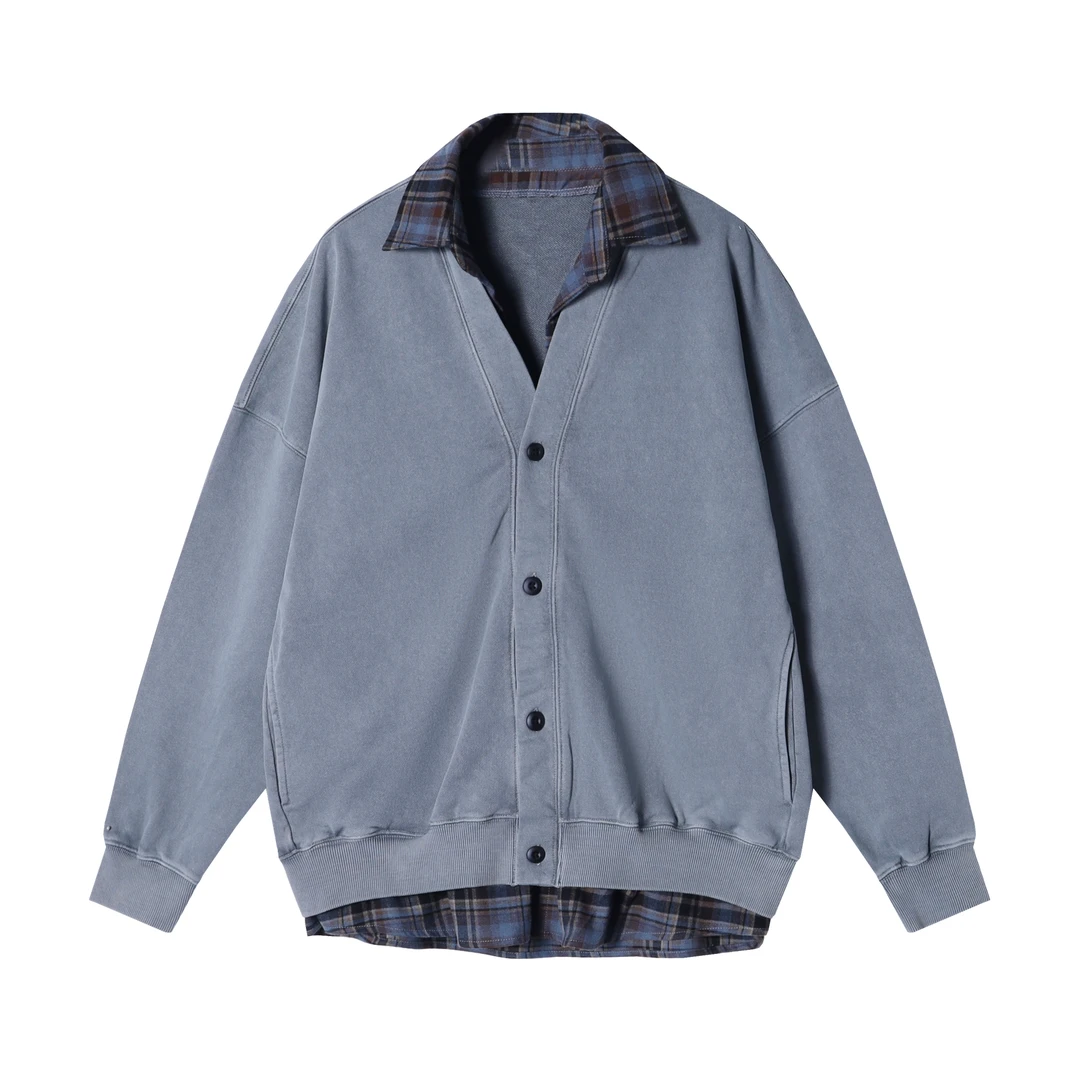 WY242秋冬季新款潮牌美式ins格子拼接假两件外套男百搭复古宽松