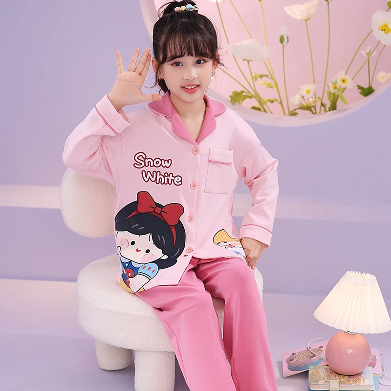春秋季儿童睡衣开衫女童长袖卡通中大童女孩纯色棉家居空调服套装