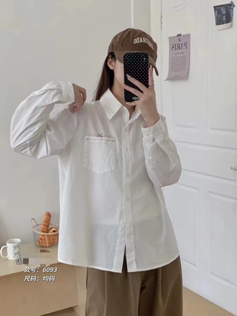 春秋纯色时尚打底纯棉少女长袖衬衫百搭