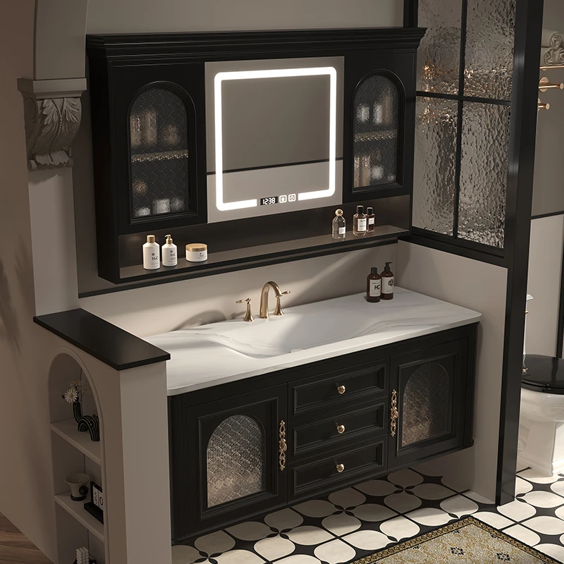 法式复古岩板热弯一体盆烤漆浴室柜组合现代美式洗脸台洗手盆定制