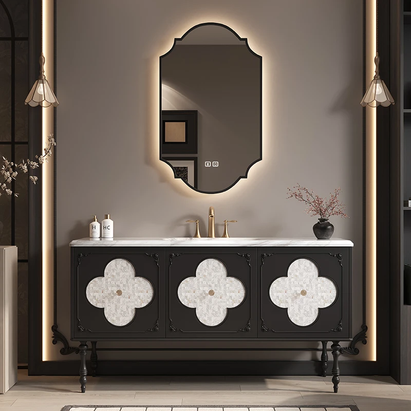 法式橡木实木奢石浴室柜卫浴柜卫生间洗漱台落地式轻奢洗手脸盆柜