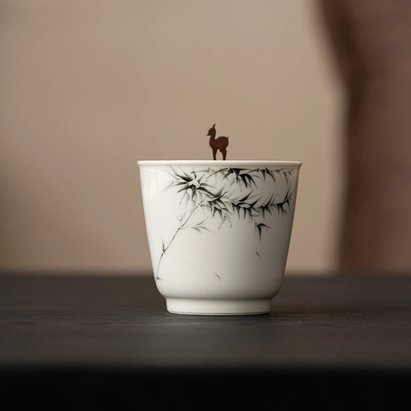 墨己暮苍斋联名手绘墨竹建水茶道配件陶瓷水盂家用废水缸茶水缸