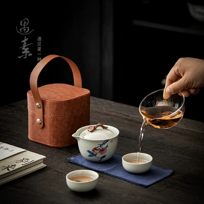 茶色便携式车载陶瓷旅行茶具套装简易泡茶器快客杯一壶二杯伴手礼