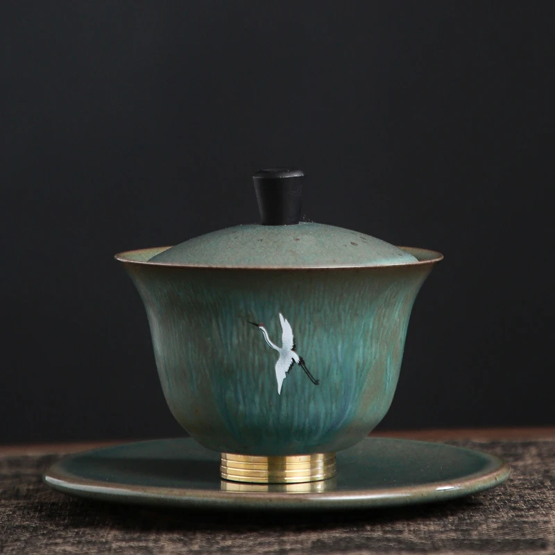 窑变焕彩瑞鹤呈祥三才盖碗茶托泡茶杯敬茶碗 陶瓷功夫茶具160ml