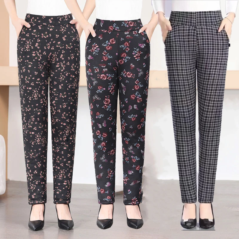 冬季防寒加厚保暖棉裤宽松外穿打底裤女弹力高腰花色大码棉裤