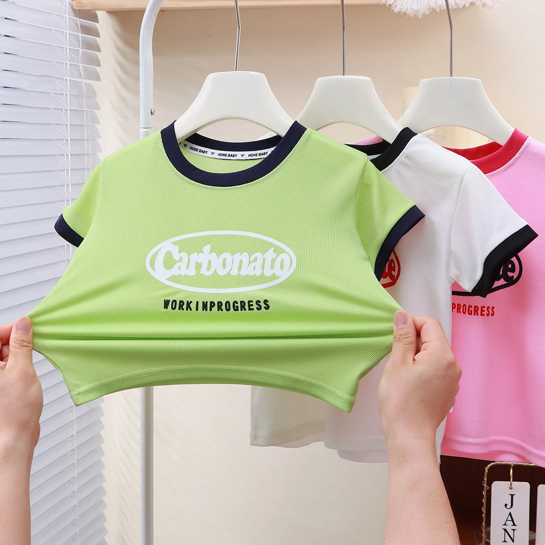 夏季新款儿童短袖T恤男女童宝宝圆领薄款冰丝休闲字母单上衣洋气