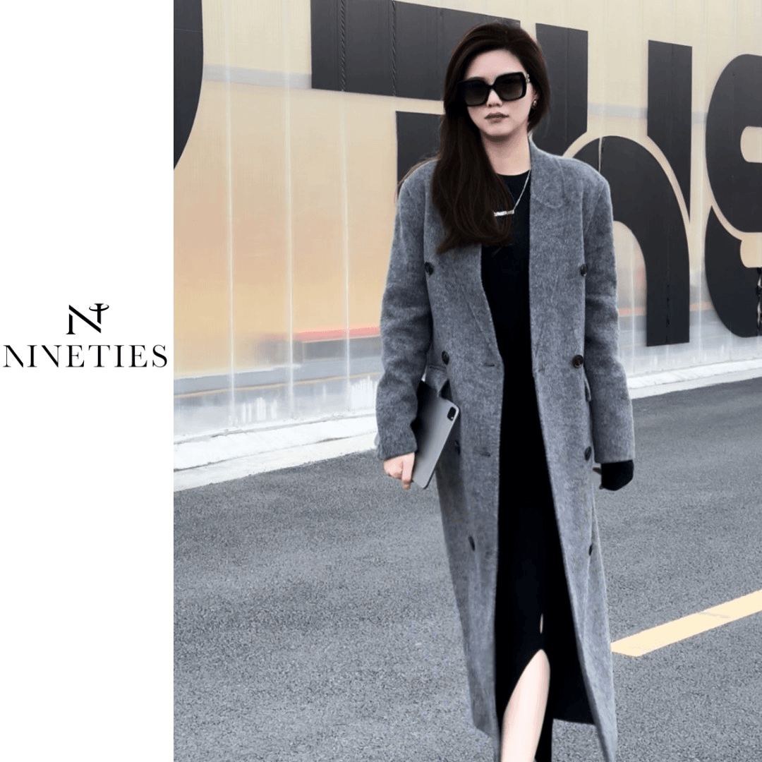 NINETIES双面呢大衣灰色羊毛羊驼毛秋冬【孤品清仓】