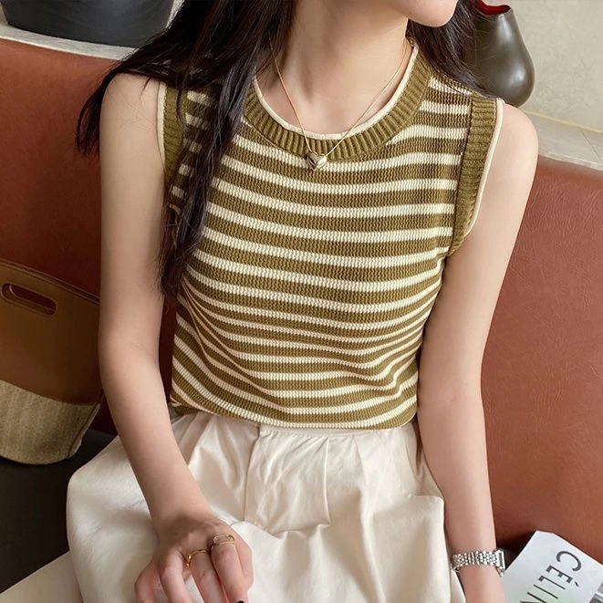 韩版夏季复古撞色条纹针织背心新款修身显瘦外穿无袖冰丝上衣女