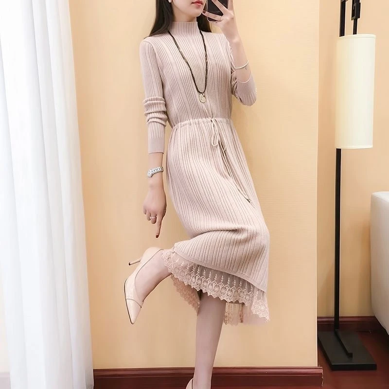 长款毛衣裙过膝2023新款女装半高领蕾丝系带针织衫内搭气质连衣裙