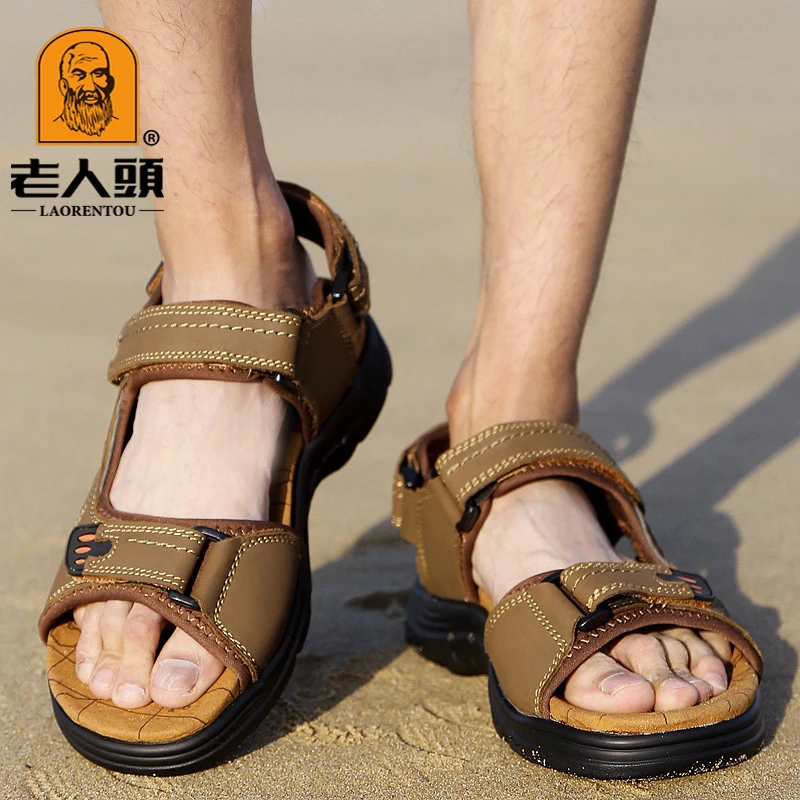 老人头正品男士皮凉鞋男真皮透气防滑牛皮户外运动休闲沙滩凉鞋男