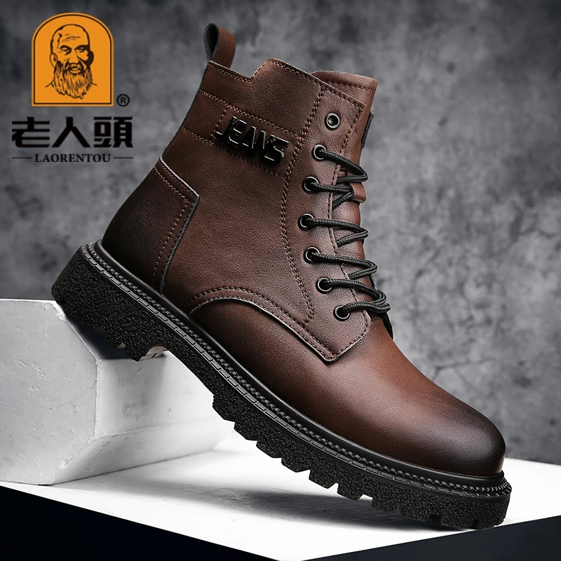 老人头马丁靴男真皮英伦风中帮工装靴子男士冬季软皮加绒高帮男鞋