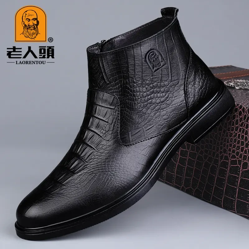 老人头正品真皮皮鞋男加绒保暖软底马丁靴休闲秋冬高帮黑色雪地靴