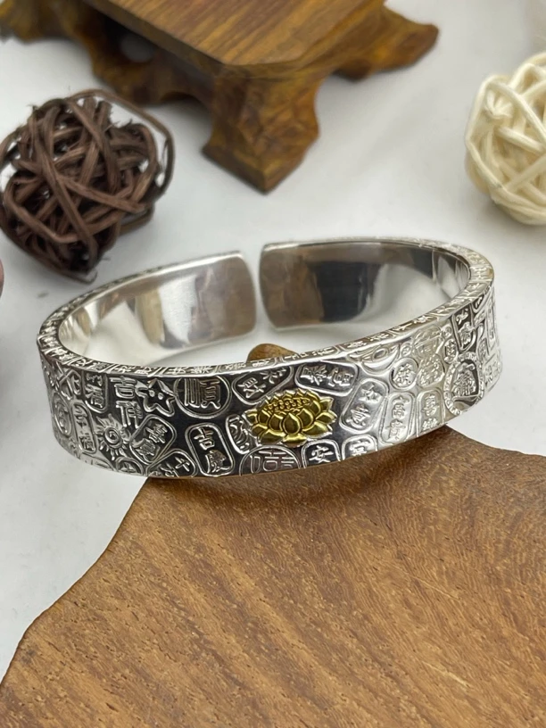 足银手镯 黄财神嵌金吉言手镯时尚个性百搭大气实心手工情侣款