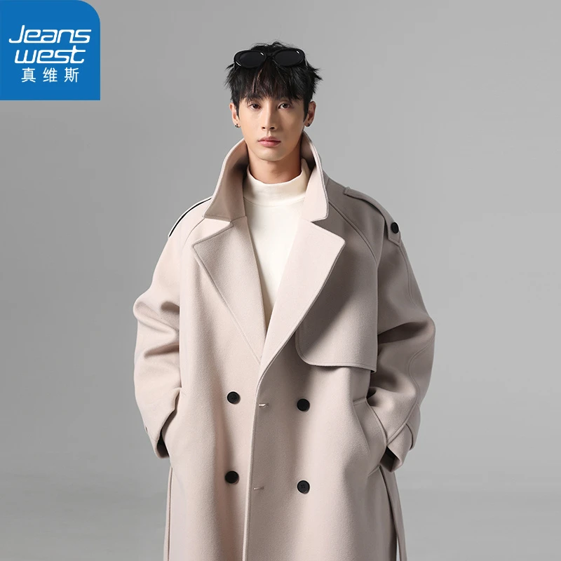 真维斯韩系中长款毛呢大衣男冬季重磅外套vibe高街休闲宽松上衣