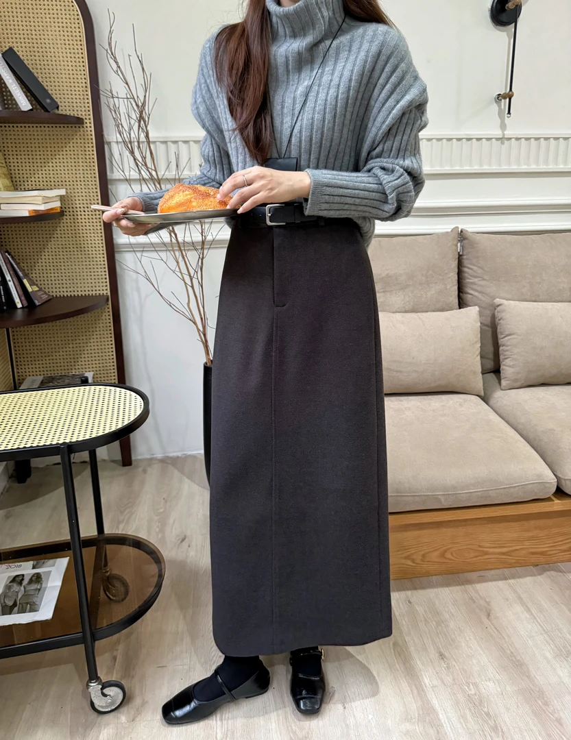 昕叶良品99356 女毛呢半身长裙后开叉长裙（不带腰带）