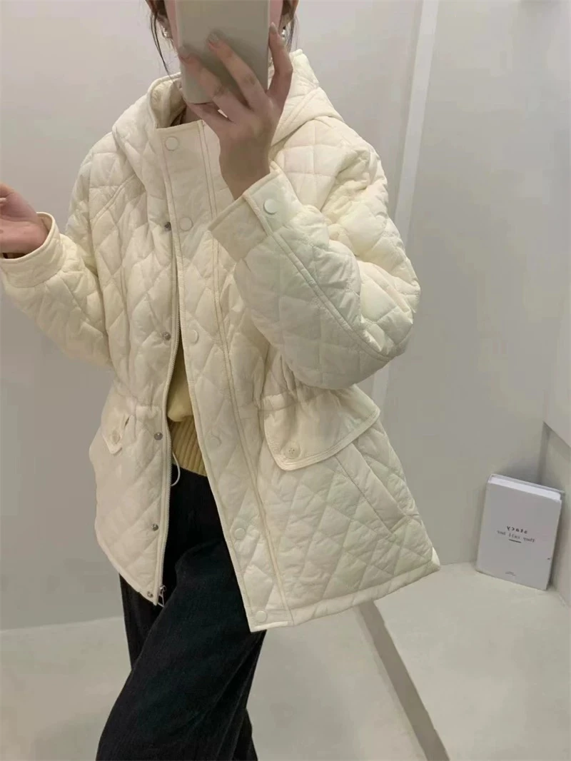 美美推荐3130 韩版宽松休闲菱格连帽短款棉衣棉服外套女收腰棉袄