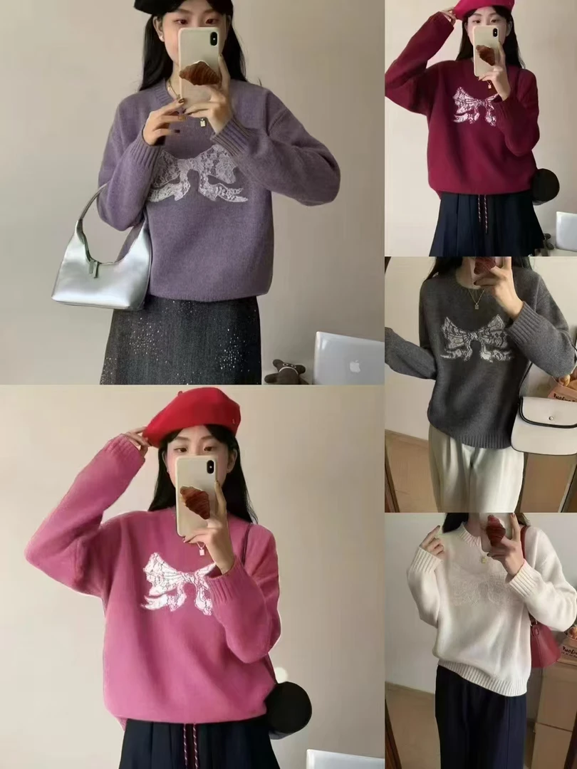 美美推荐0403 蕾丝刺绣蝴蝶结套头针织衫女圆领羊毛打底衫上衣