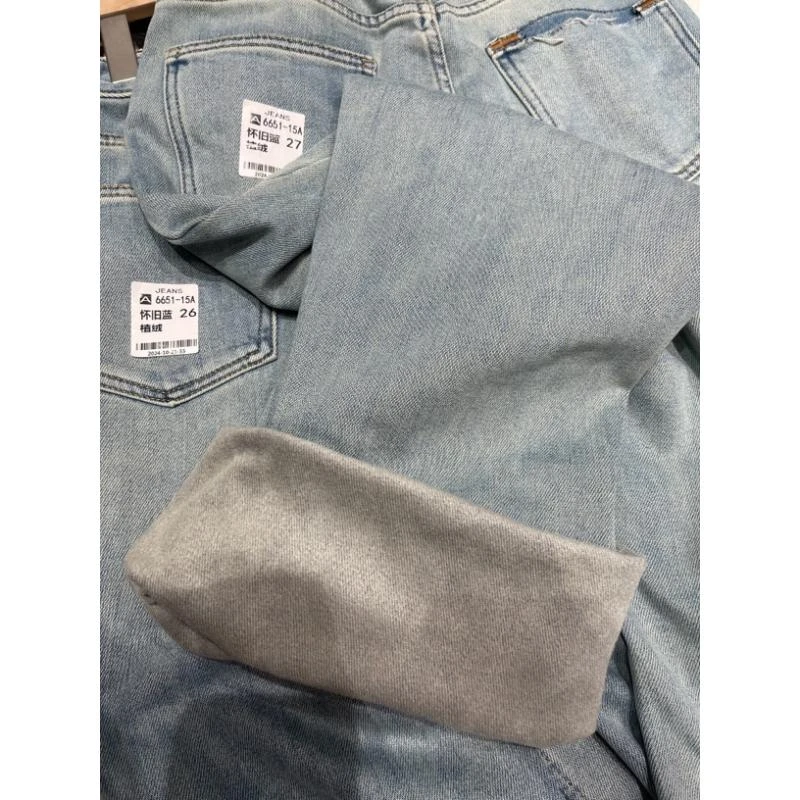 6651-15浅蓝色复合绒直筒裤超软牛仔裤