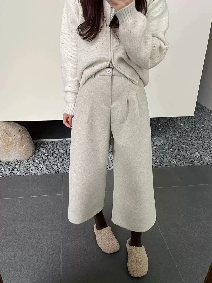 美美推荐5562杭州高货高腰羊绒呢八分阔腿裤加厚直筒休闲裤