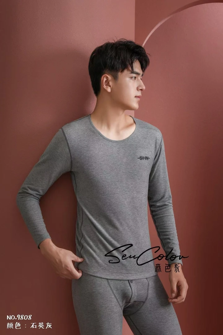 黛美芮9808 秋冬新品自发热圆领羊绒保暖内衣套装男士森色系
