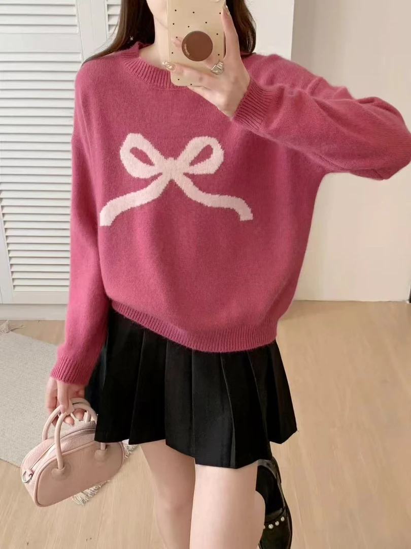 美美推荐0402 蝴蝶结套头羊毛针织衫百搭宽松时尚圆领减龄打底