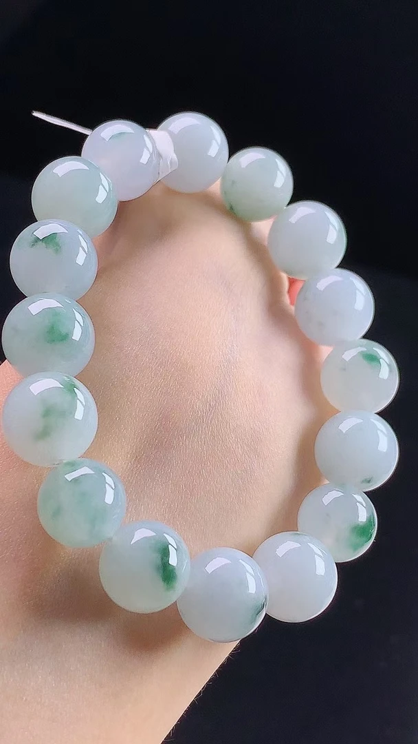 天然缅甸A货翡翠玉石珠宝冰胶飘花飘蓝花圆珠手串j尺寸12+mm配证