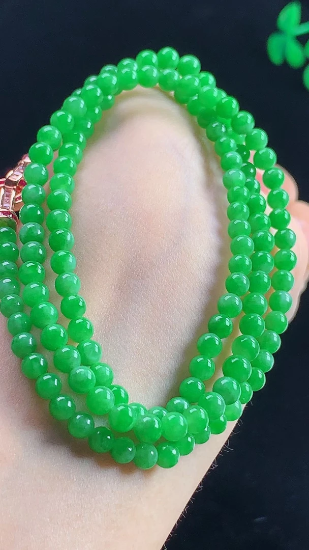 天然缅甸A货翡翠玉石珠宝高货正阳绿小米珠项链塔珠链j尺寸4+mm