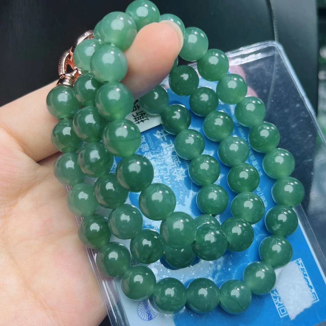 天然A货翡翠玉石珠宝礼物冰胶水润满色蓝水圆珠大卡项链j尺寸10mm