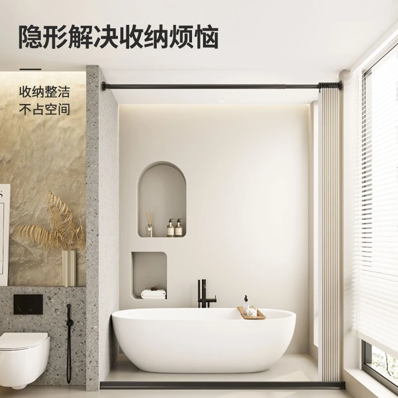 免打孔亚麻折叠浴帘套装防水布淋浴卫生间防霉隔断挂帘卫生间好物