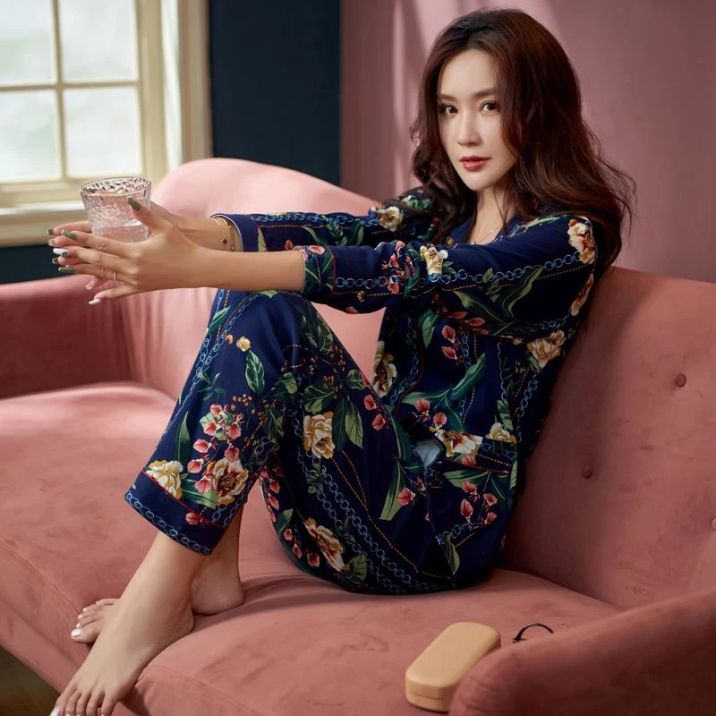 中年妈妈高档纯棉睡衣女春秋长袖休闲碎花全棉冬季家居服套装外穿