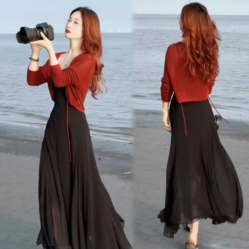 连衣裙女2025夏季新款沙滩拖地薄款冰丝针织外披吊带裙长裙两件套