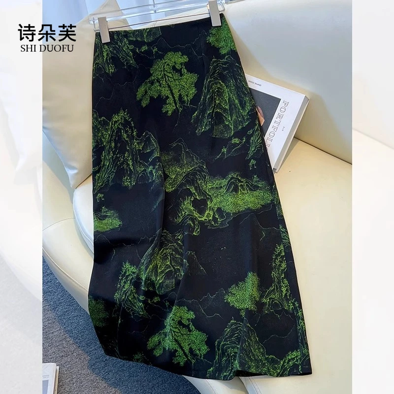 醋酸国风印花半身裙女夏季薄款2025新款高腰显瘦中长款包臀a字裙