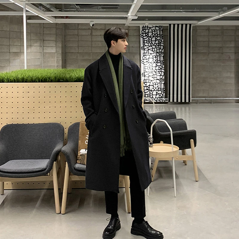 高级感秋冬季痞帅中长款毛呢大衣韩版宽松风衣潮牌外套双排扣大衣