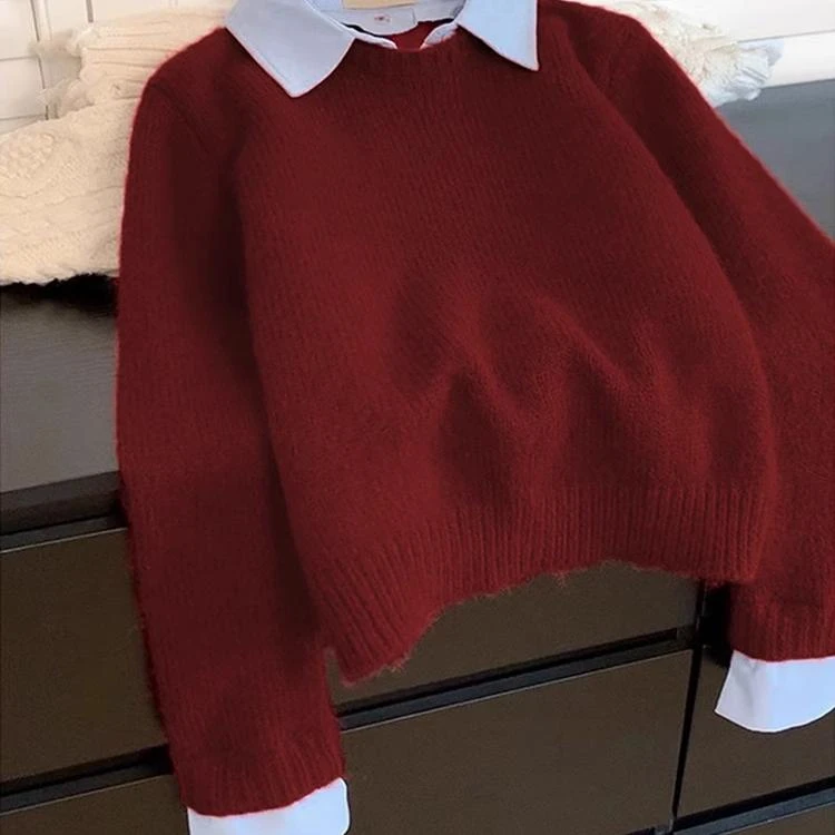 红色衬衫领假两件毛衣女秋冬宽松高级感内搭打底春秋小个子针织衫