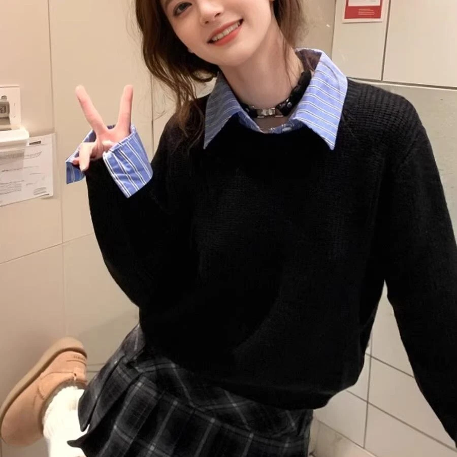 假两件可拆卸衬衫领毛衣女秋冬季小个子黑色慵懒高级感针织衫上衣