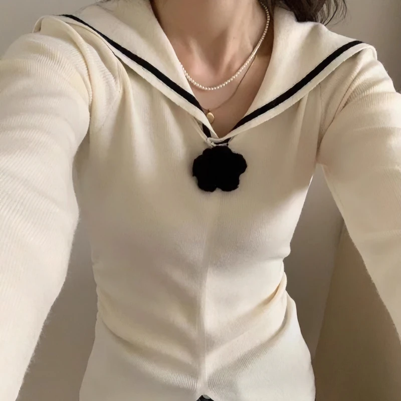 法式小香风海军领立体花朵长袖针织毛衣秋冬新款休闲打底内搭上衣