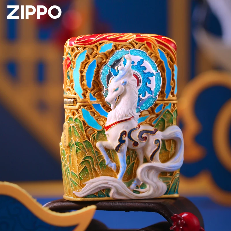 Zippo打火机白泽镀金花丝镂空夜光珐琅彩国风防风打火机DYJ1