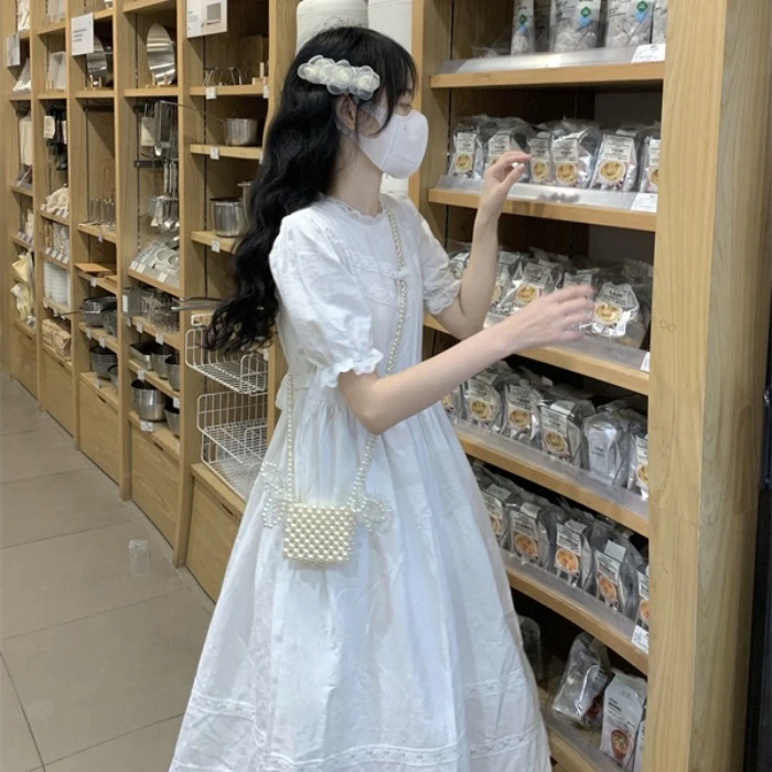 白色连衣裙少女生夏装12-15岁初中学生13大童泡泡袖甜美公主长裙