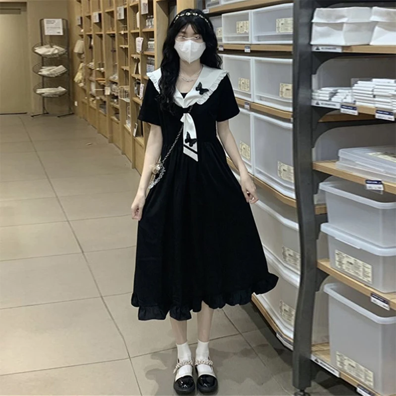 海军领连衣裙少女夏装12-15岁初高中学生13大童女孩甜美黑色长裙