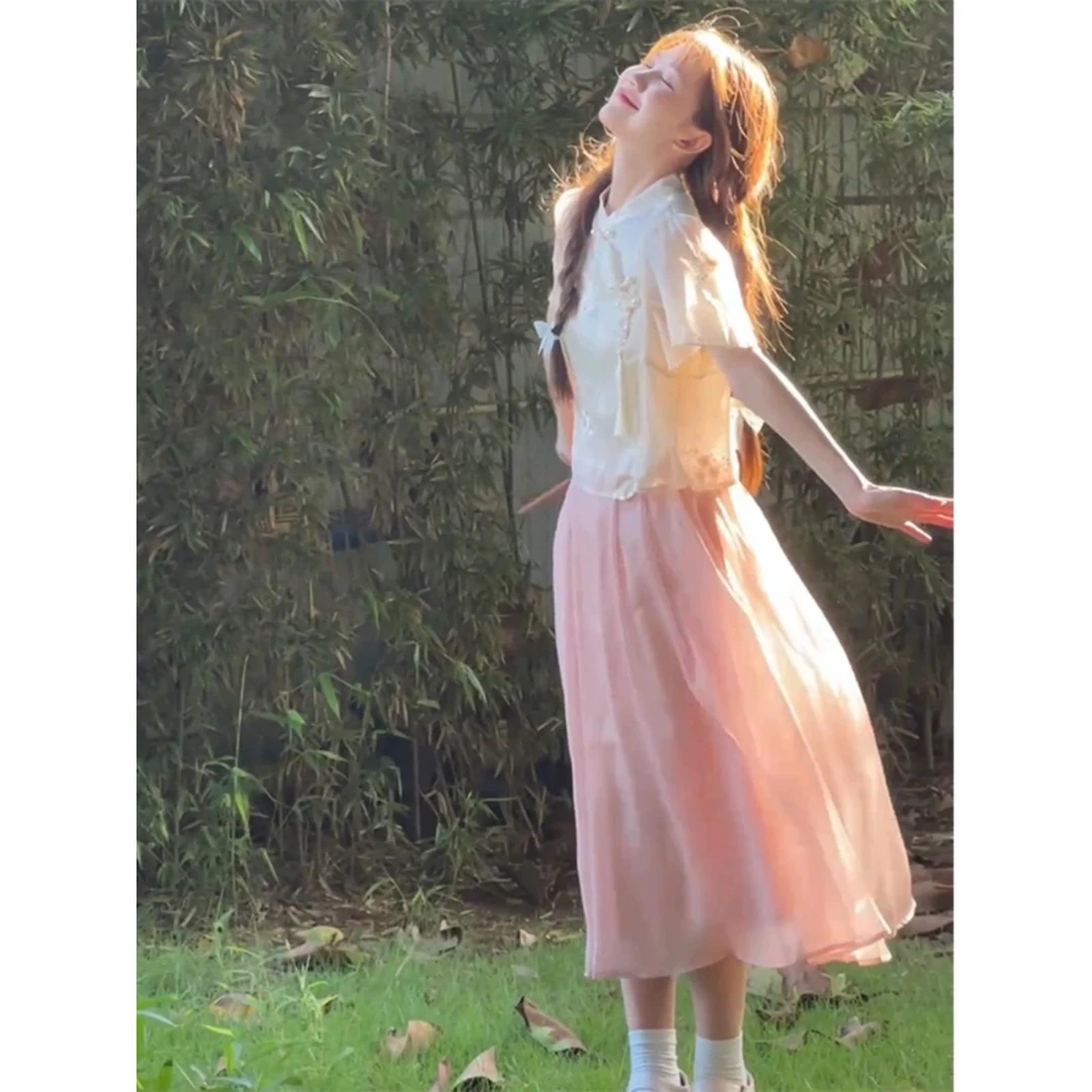 新中式连衣裙套装少女夏装12-15岁初中学生13大童小个子刺绣长裙