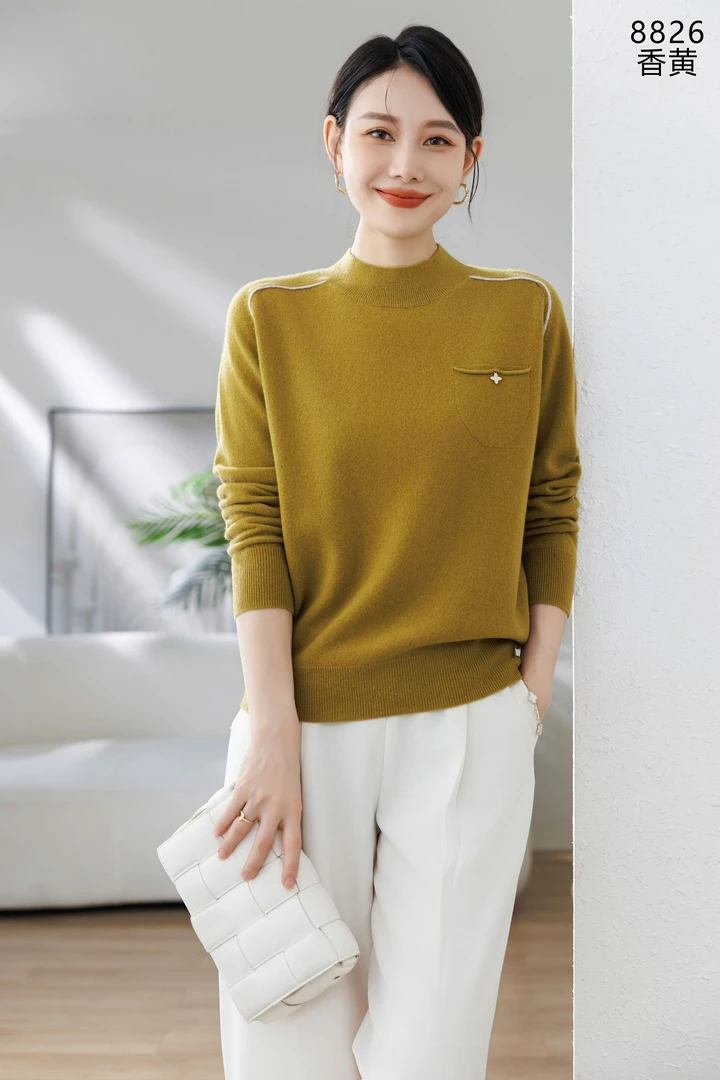 秋冬新款气质减龄纯色圆领套头100羊毛针织衫-8826