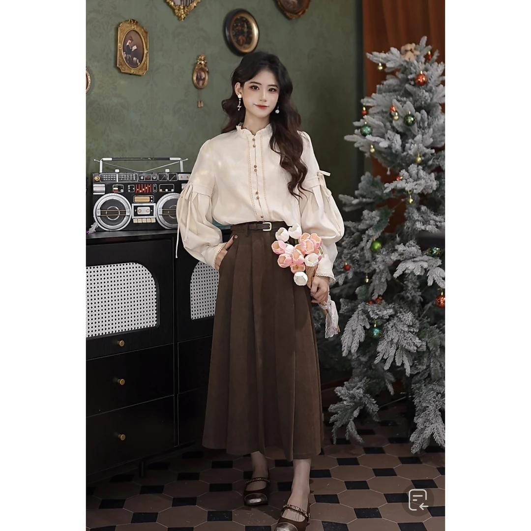 粤粤 新款复古港风秋冬气质显瘦百搭高腰半身裙#7528