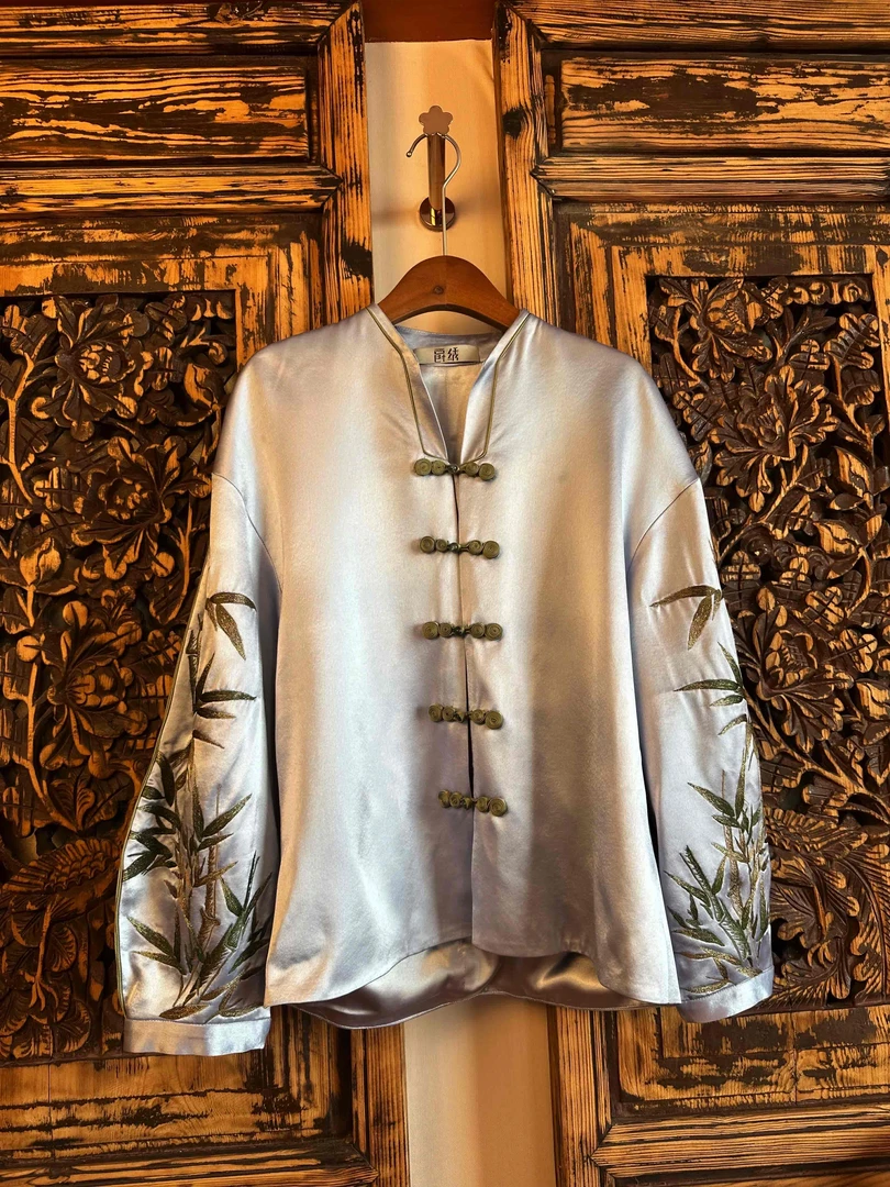 「竹」孤品刺绣上衣香芋紫桑蚕丝百搭上衣外套双层休闲中国风新中式