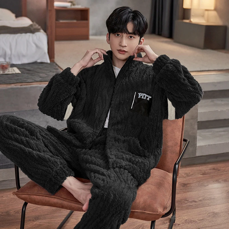 珊瑚绒睡衣男冬季加厚加绒保暖加大码男士秋冬款法兰绒家居服套装