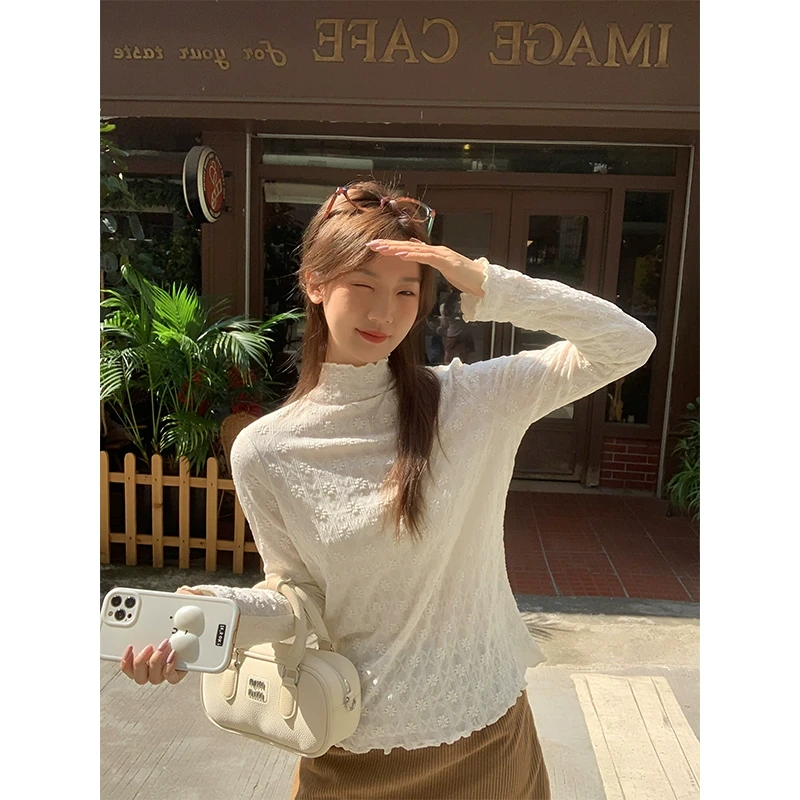 纯欲蕾丝半高领女春季百搭bm风长袖T恤打底衫辣妹高级感洋气上衣