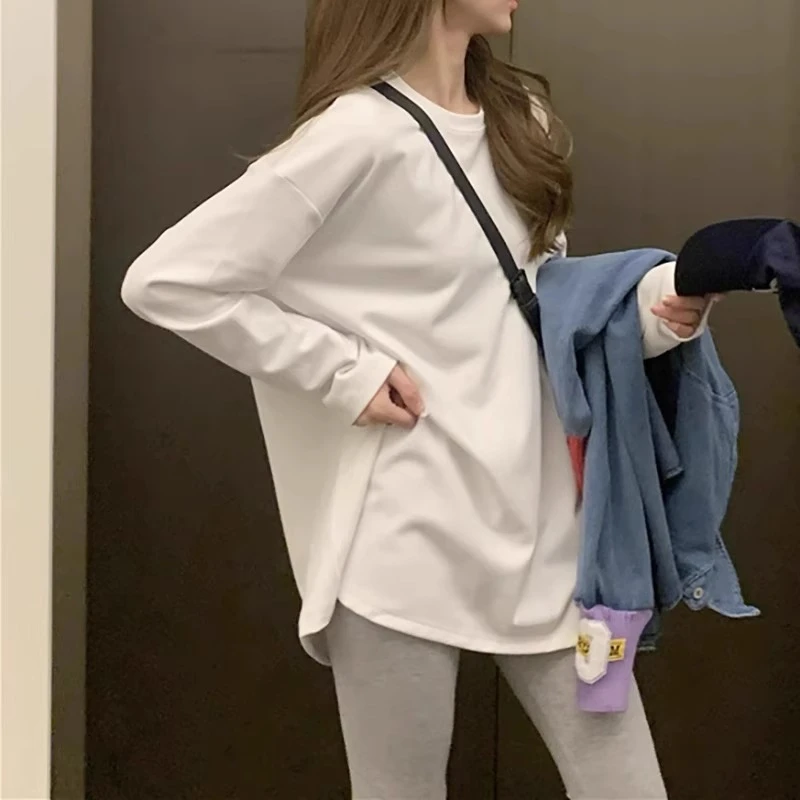 秋冬德绒加厚中长款叠穿遮屁股纯棉宽松显瘦长袖t恤女打底衫上衣