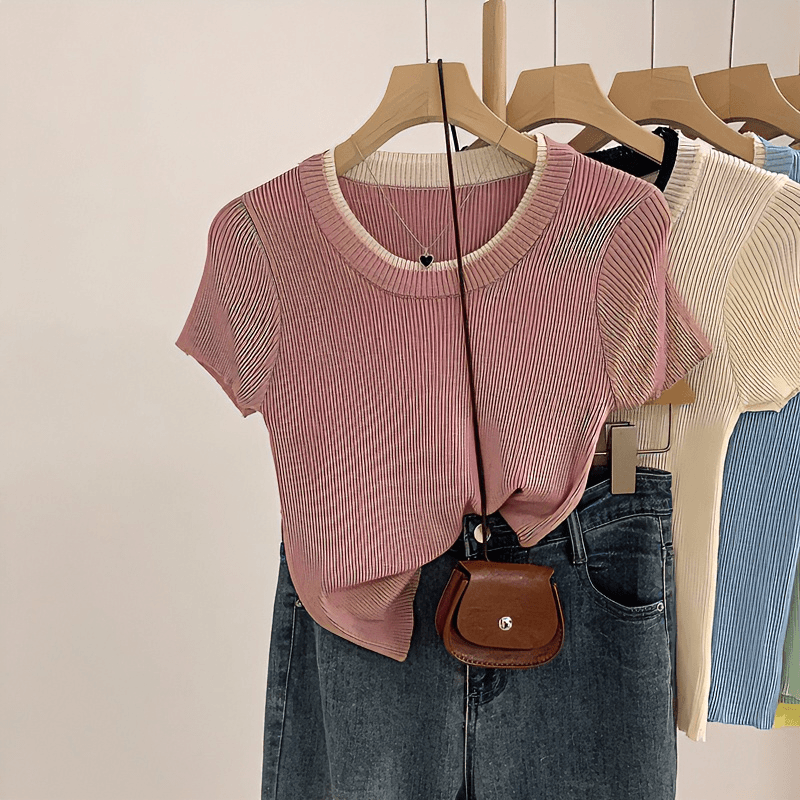 甜辣妹U领正肩拼色薄衫冰凉针织百搭T恤女夏季多巴胺修身圆领上衣