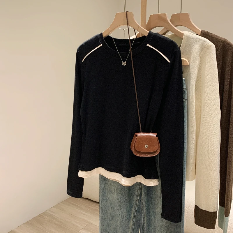 小婉薇 韩系chic别致假两件圆领长袖T恤春秋季小众修身打底衫上衣