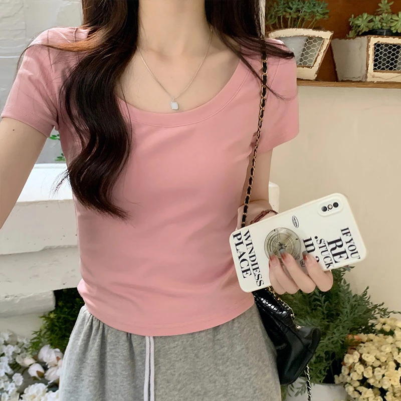 纯色低圆领短款t恤女夏季小众修身打底显瘦正肩百搭紧身短袖上衣