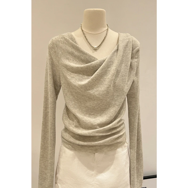 法式荡领露锁骨软糯针织衫女长袖秋冬季褶皱修身显瘦打底上衣